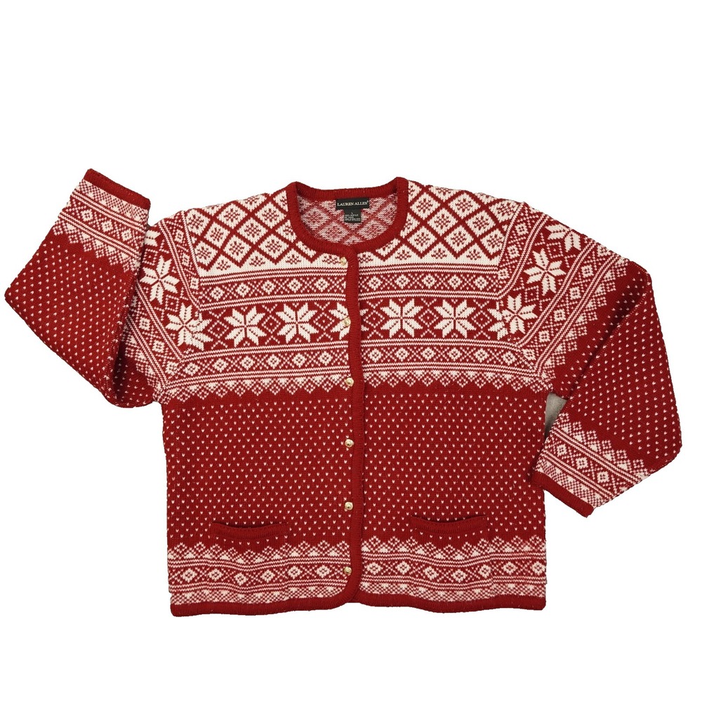 Vintage Lauren Allen Red Fair Isle Button Up Cardigan Women's Large Cabincore